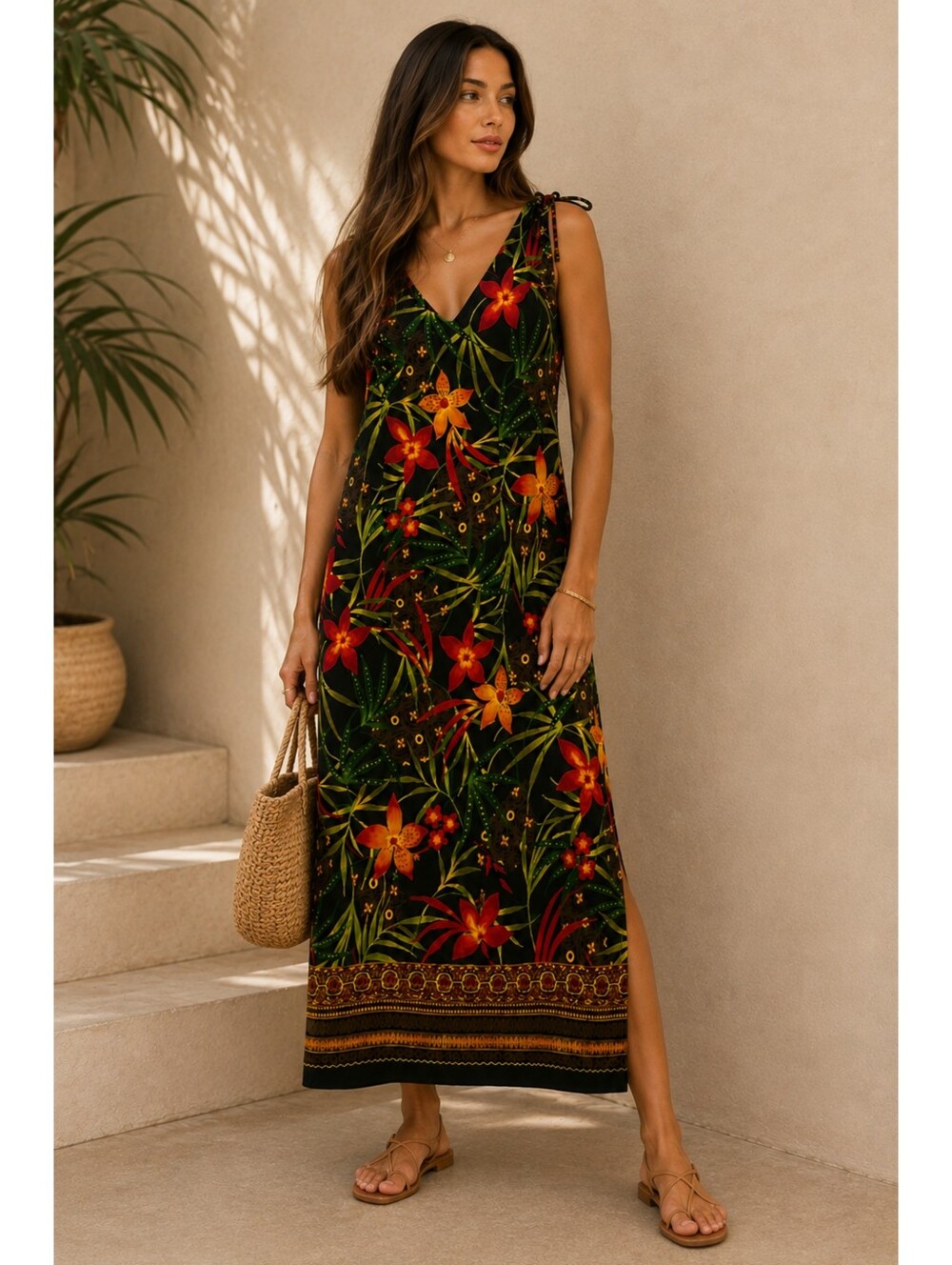 Vintage R&K Tropical Botanical Maxi Dress Side Slits Resort Cruise 90s Size 10